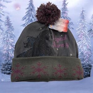 🆕 Disney Frozen ll Girls Beanie with Pom Pom - Dark Grey and Purple Snowflakes